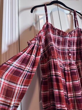 Torrid Plaid Off Shoulder Babydoll Top Size 1 Smocked Boho Peasant